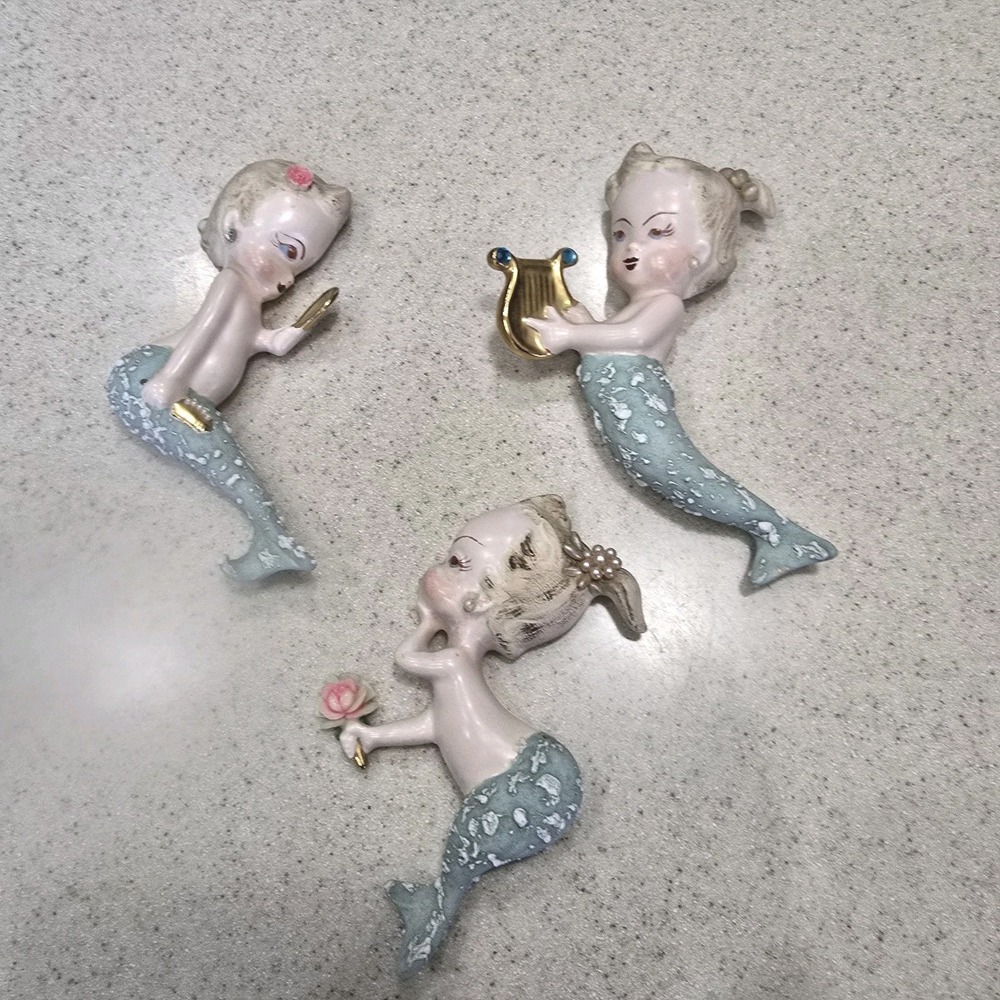 3 Vintage 50's MCM Porcelain Dainty Detail Baby Mermaids, Textured Tails